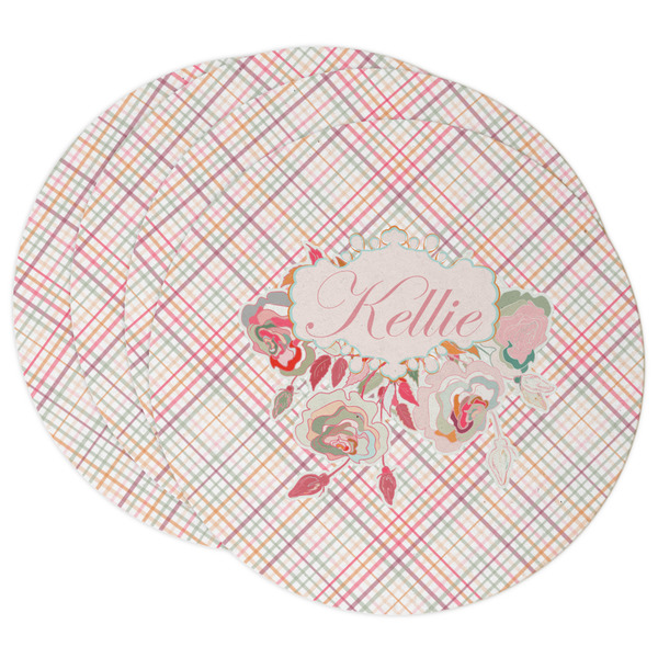 Custom Modern Plaid & Floral Round Paper Coasters w/ Name or Text