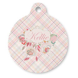Modern Plaid & Floral Round Pet ID Tag (Personalized)