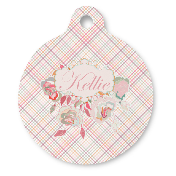 Custom Modern Plaid & Floral Round Pet ID Tag (Personalized)