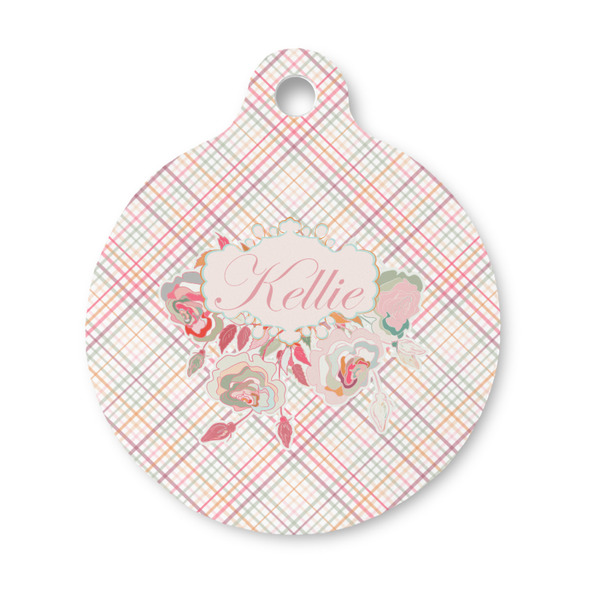 Custom Modern Plaid & Floral Round Pet ID Tag - Small (Personalized)