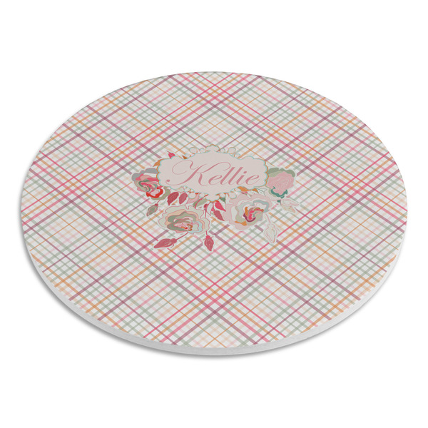 Modern Plaid & Floral Round Stone Trivet - Angle View