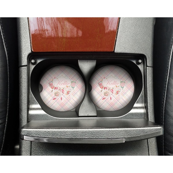 Modern Plaid & Floral Sandstone Car Coaster - In Cup Holder