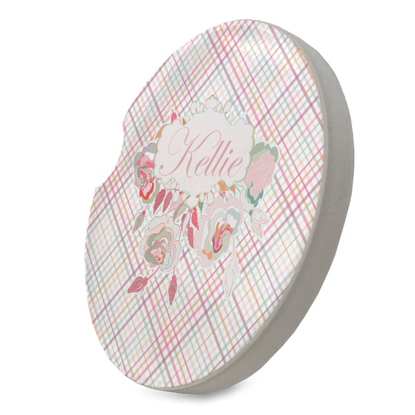 Modern Plaid & Floral Sandstone Car Coaster - STANDING ANGLE