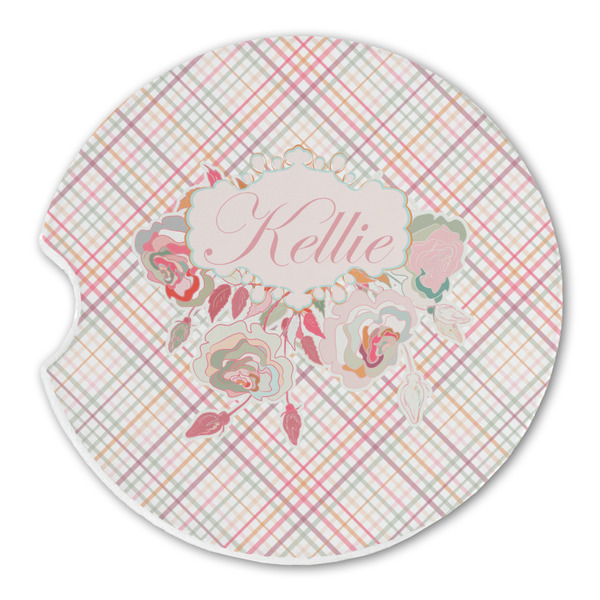 Custom Modern Plaid & Floral Sandstone Car Coaster - Single (Personalized)
