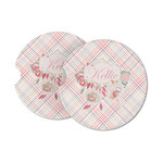 Modern Plaid & Floral Sandstone Car Coasters (Personalized)