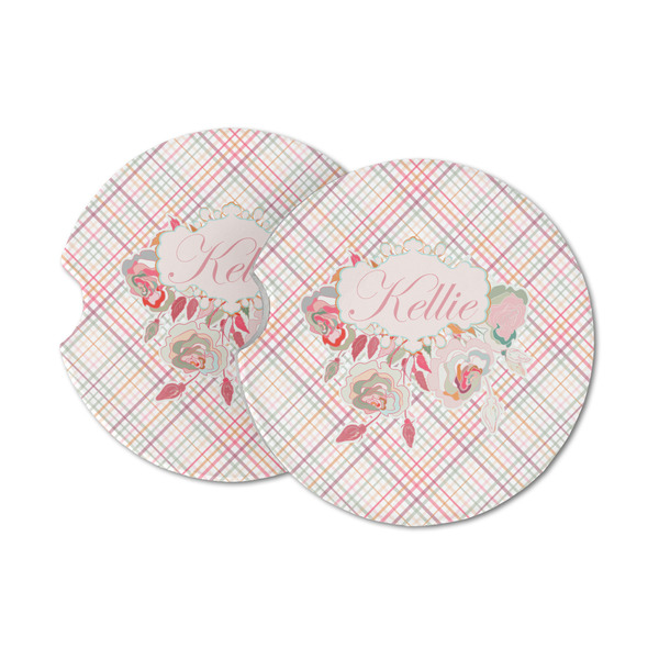 Custom Modern Plaid & Floral Sandstone Car Coasters - Set of 2 (Personalized)
