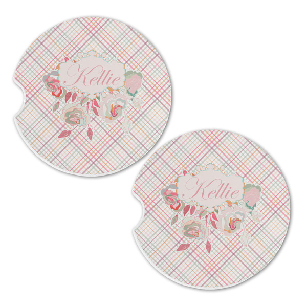 Modern Plaid & Floral Sandstone Car Coasters - Set of 2