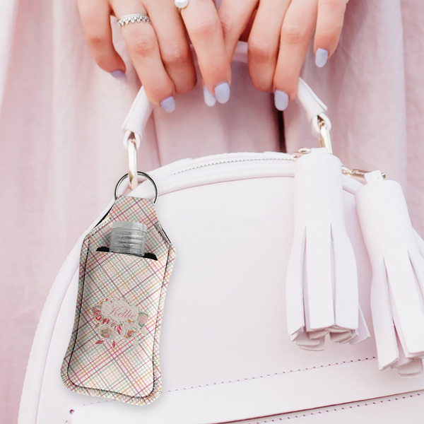 Modern Plaid & Floral Sanitizer Holder Keychain - Large (LIFESTYLE)