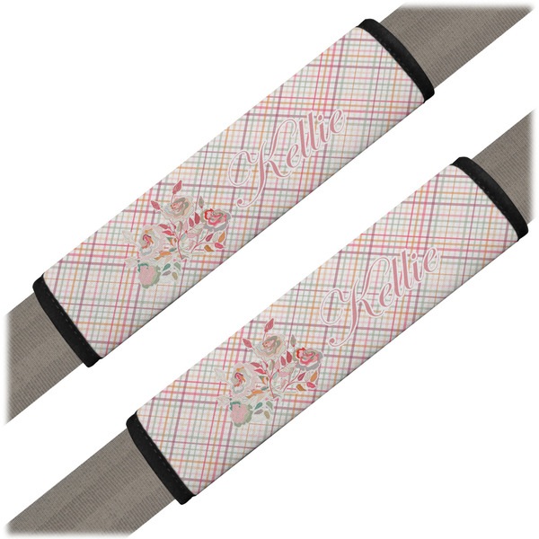 Custom Modern Plaid & Floral Seat Belt Covers (Set of 2) (Personalized)