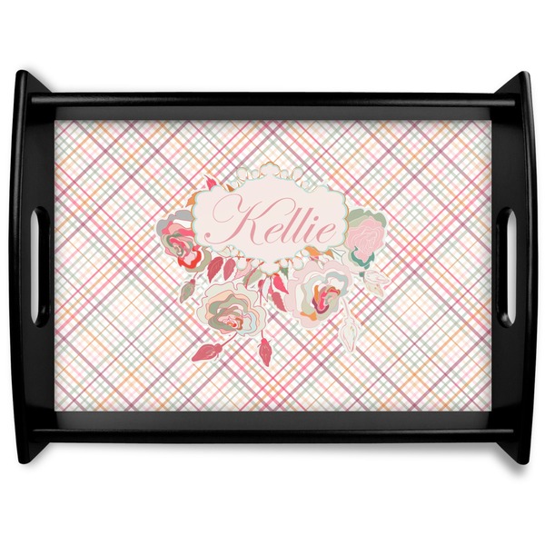 Custom Modern Plaid & Floral Black Wooden Tray - Large (Personalized)