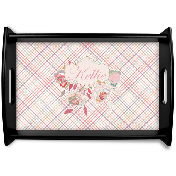 Custom Modern Plaid & Floral Black Wooden Tray - Small (Personalized)