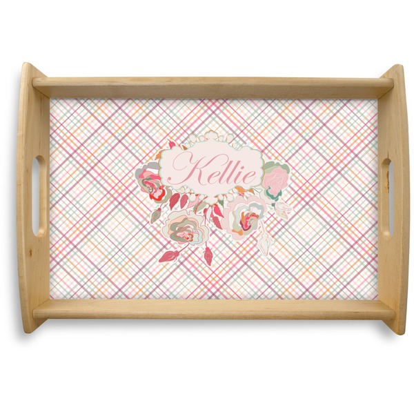 Custom Modern Plaid & Floral Natural Wooden Tray - Small (Personalized)