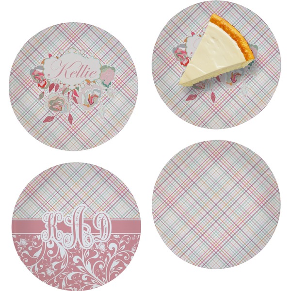 Custom Modern Plaid & Floral Set of 4 Glass Appetizer / Dessert Plate 8" (Personalized)