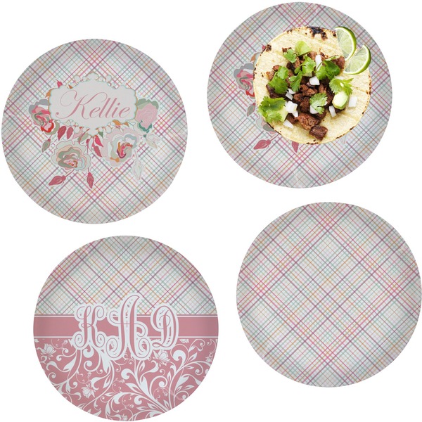 Custom Modern Plaid & Floral Set of 4 Glass Lunch / Dinner Plate 10" (Personalized)