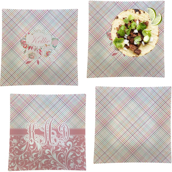 Custom Modern Plaid & Floral Set of 4 Glass Square Lunch / Dinner Plate 9.5" (Personalized)
