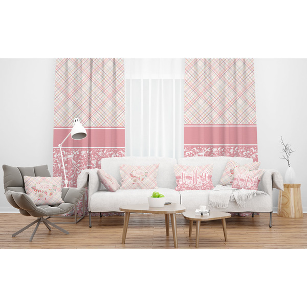 Modern Plaid & Floral Sheer and Custom Curtains in Room with Matching Pillows