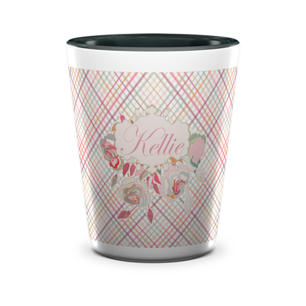 Custom Modern Plaid & Floral Ceramic Shot Glass - 1.5 oz - Two Tone - Set of 4 (Personalized)