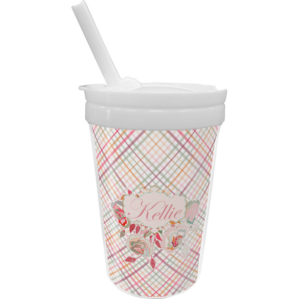 Custom Modern Plaid & Floral Sippy Cup with Straw (Personalized)