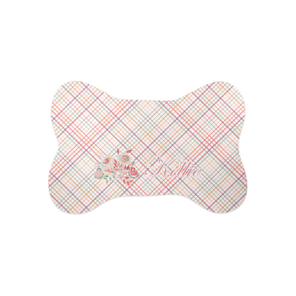 Custom Modern Plaid & Floral Bone Shaped Dog Food Mat (Small) (Personalized)