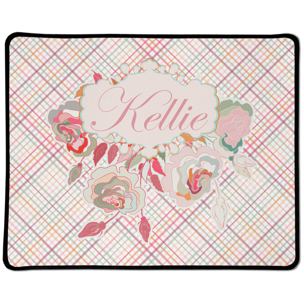 Custom Modern Plaid & Floral Large Gaming Mouse Pad - 12.5" x 10" (Personalized)