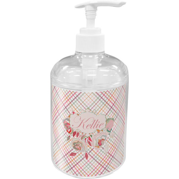 Custom Modern Plaid & Floral Acrylic Soap & Lotion Bottle (Personalized)