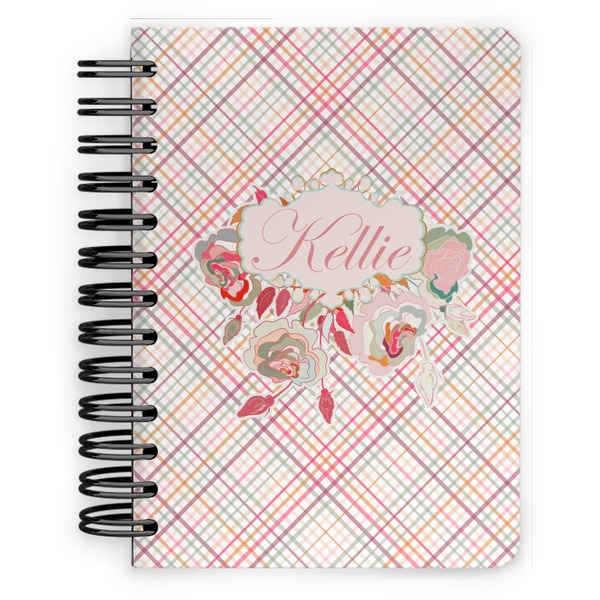 Custom Modern Plaid & Floral Spiral Notebook - 5x7 w/ Name or Text