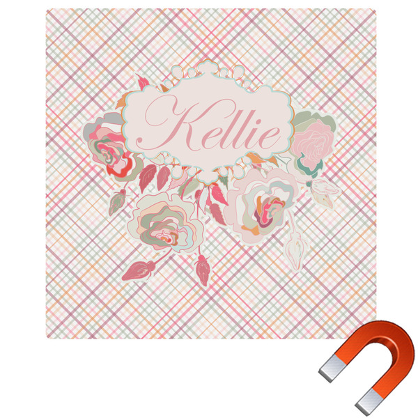 Custom Modern Plaid & Floral Square Car Magnet - 6" (Personalized)