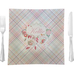 Modern Plaid & Floral Glass Square Lunch / Dinner Plate 9.5" (Personalized)