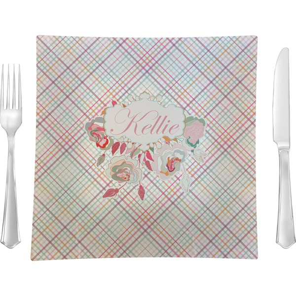 Custom Modern Plaid & Floral 9.5" Glass Square Lunch / Dinner Plate- Single or Set of 4 (Personalized)