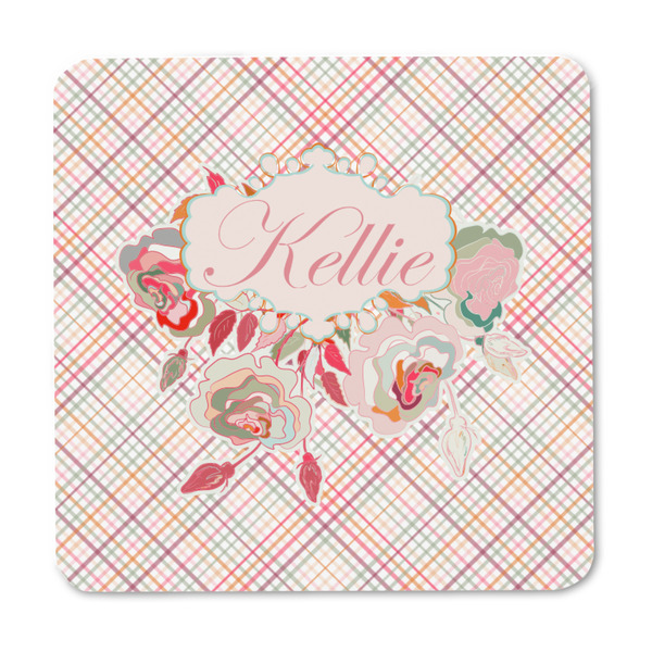 Modern Plaid & Floral Square Fridge Magnet - FRONT