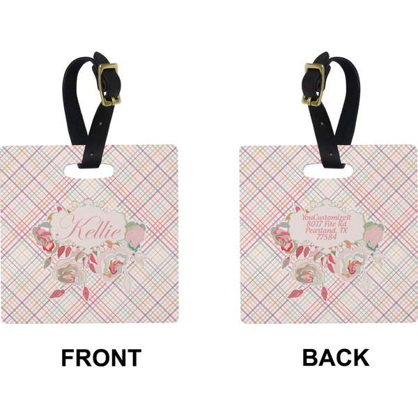 Modern Plaid & Floral Square Luggage Tag (Front + Back)