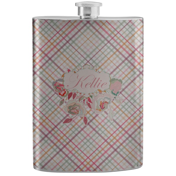 Custom Modern Plaid & Floral Stainless Steel Flask (Personalized)