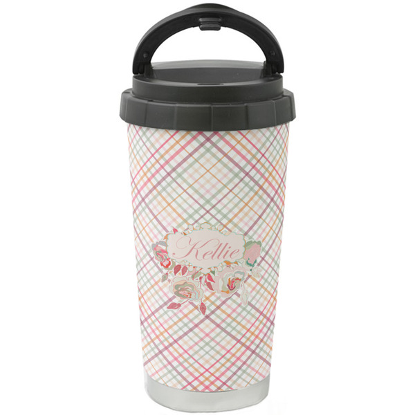 Custom Modern Plaid & Floral Stainless Steel Coffee Tumbler (Personalized)