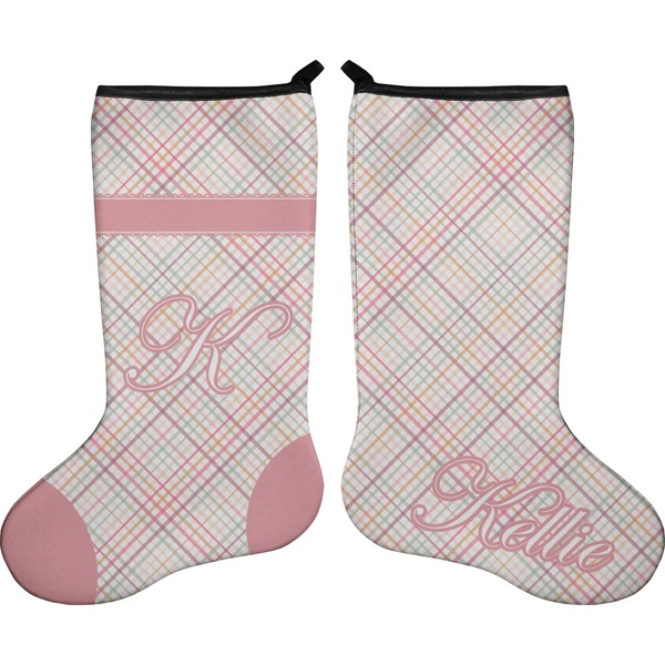 Custom Modern Plaid & Floral Holiday Stocking - Double-Sided - Neoprene (Personalized)