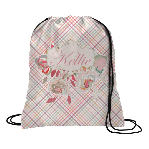 Custom Modern Plaid & Floral Drawstring Backpack - Medium (Personalized)