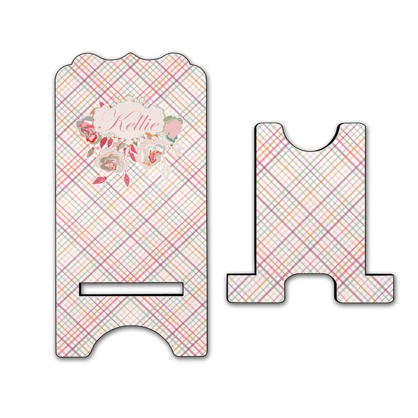 Modern Plaid & Floral Stylized Phone Stand - Front & Back - Large