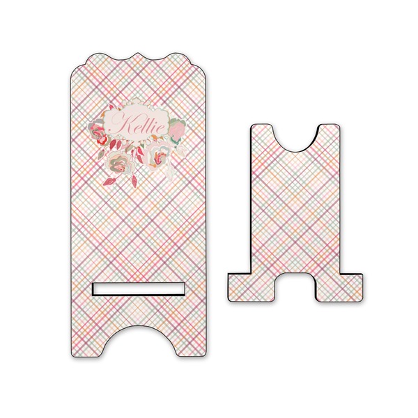 Modern Plaid & Floral Stylized Phone Stand - Front & Back - Small