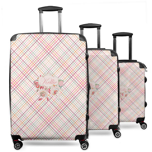 Custom Modern Plaid & Floral 3 Piece Luggage Set - 20" Carry On, 24" Medium Checked, 28" Large Checked (Personalized)