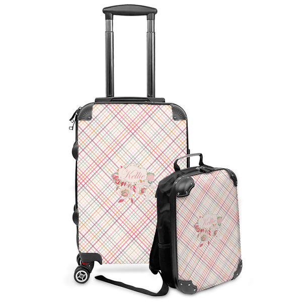 Custom Modern Plaid & Floral Kids 2-Piece Luggage Set - Suitcase & Backpack (Personalized)