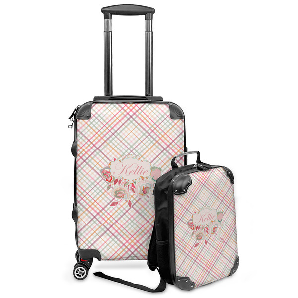 Custom Modern Plaid & Floral Kids 2-Piece Luggage Set - Suitcase & Backpack (Personalized)