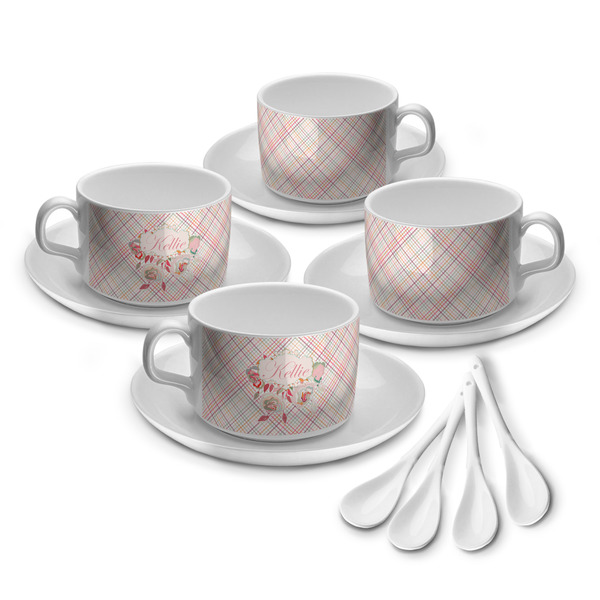 Custom Modern Plaid & Floral Tea Cup - Set of 4 (Personalized)