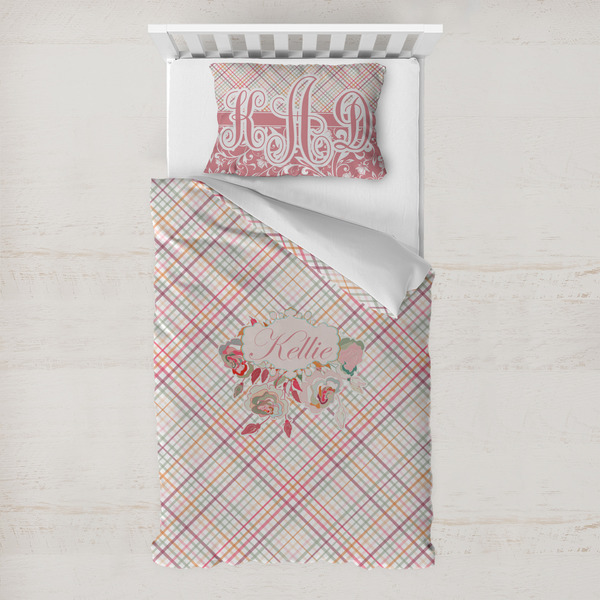Custom Modern Plaid & Floral Toddler Bedding Set - With Pillowcase (Personalized)