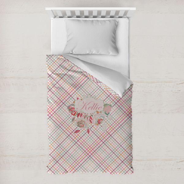 Custom Modern Plaid & Floral Toddler Duvet Cover w/ Name or Text