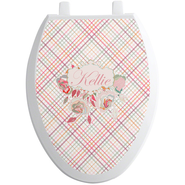 Custom Modern Plaid & Floral Toilet Seat Decal - Elongated (Personalized)