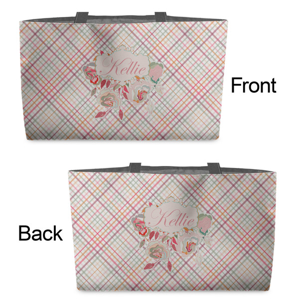 Modern Plaid & Floral Tote w/Black Handles - Front & Back Views