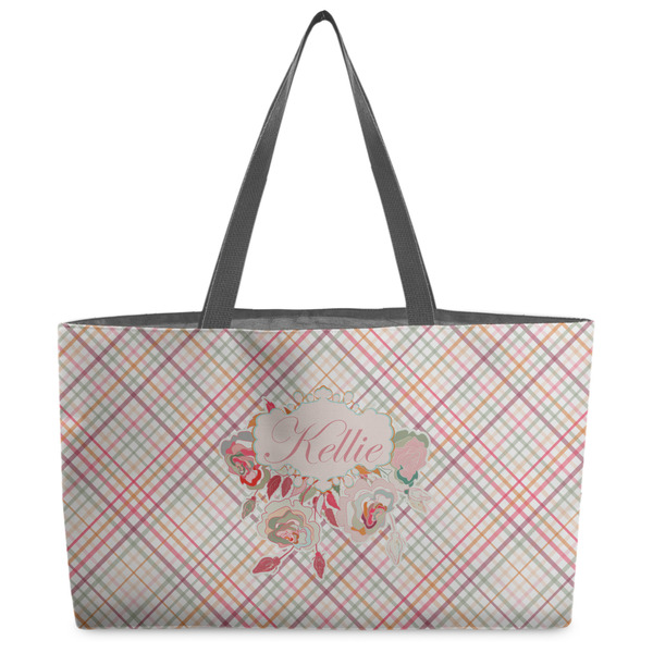 Custom Modern Plaid & Floral Beach Totes Bag - w/ Black Handles (Personalized)
