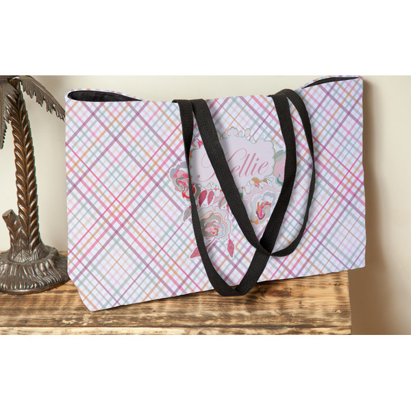 Modern Plaid & Floral Tote w/Black Handles - Lifestyle View