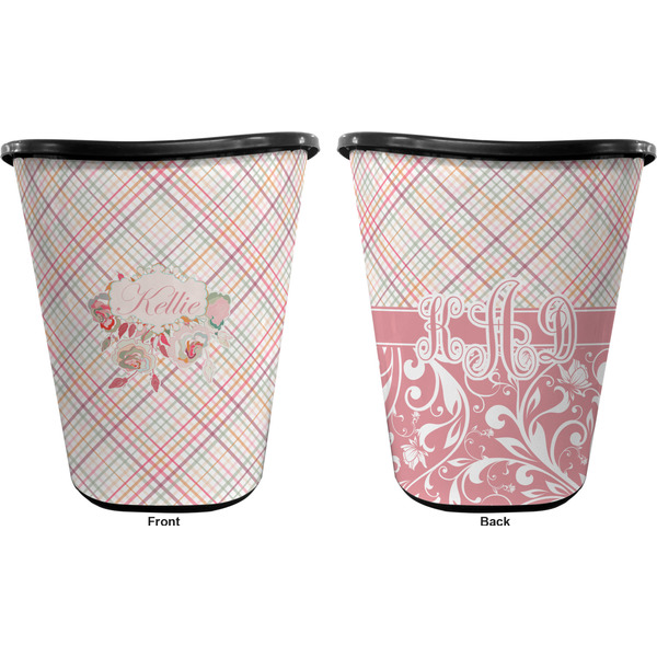 Modern Plaid & Floral Trash Can Black - Front and Back - Apvl
