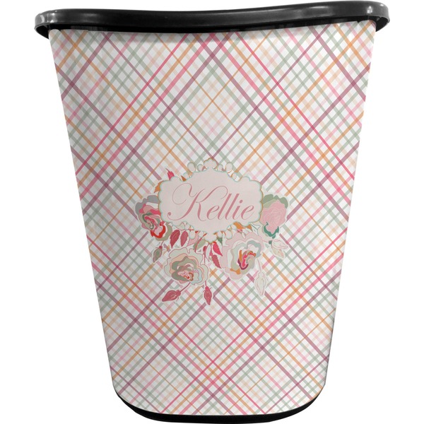 Custom Modern Plaid & Floral Waste Basket - Double Sided (Black) (Personalized)