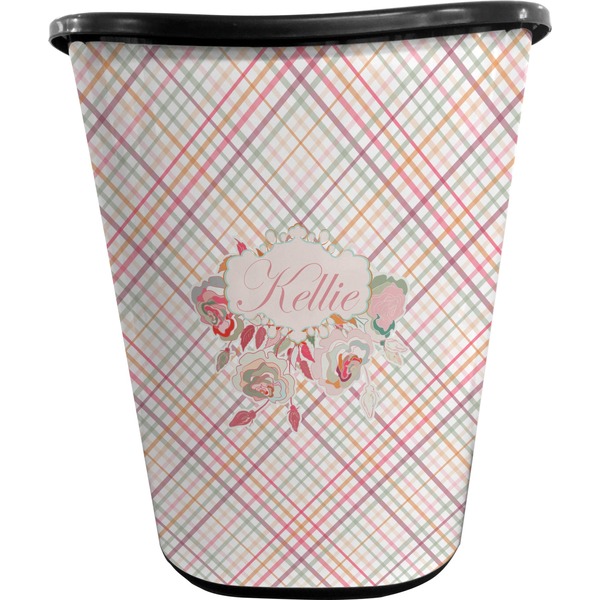 Modern Plaid & Floral Trash Can Black